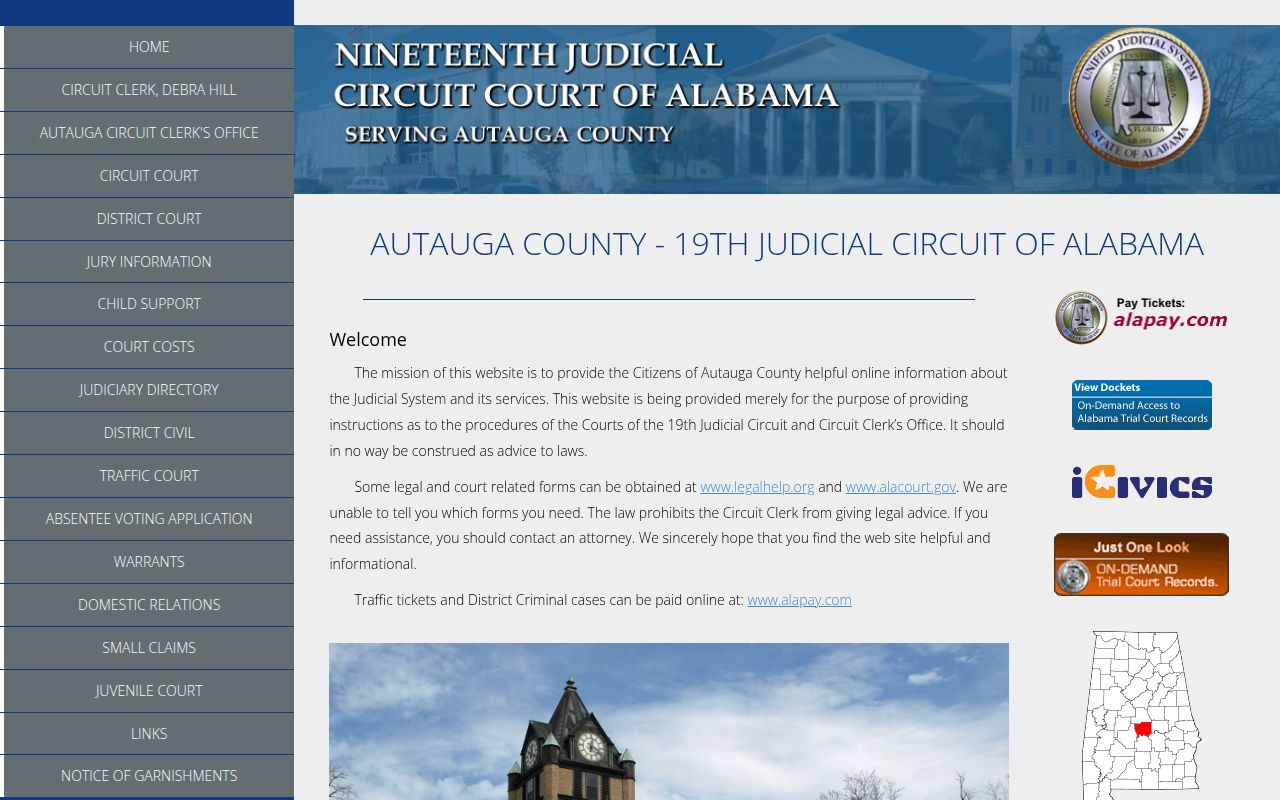 Autauga County Circuit Court website showing case search and court information