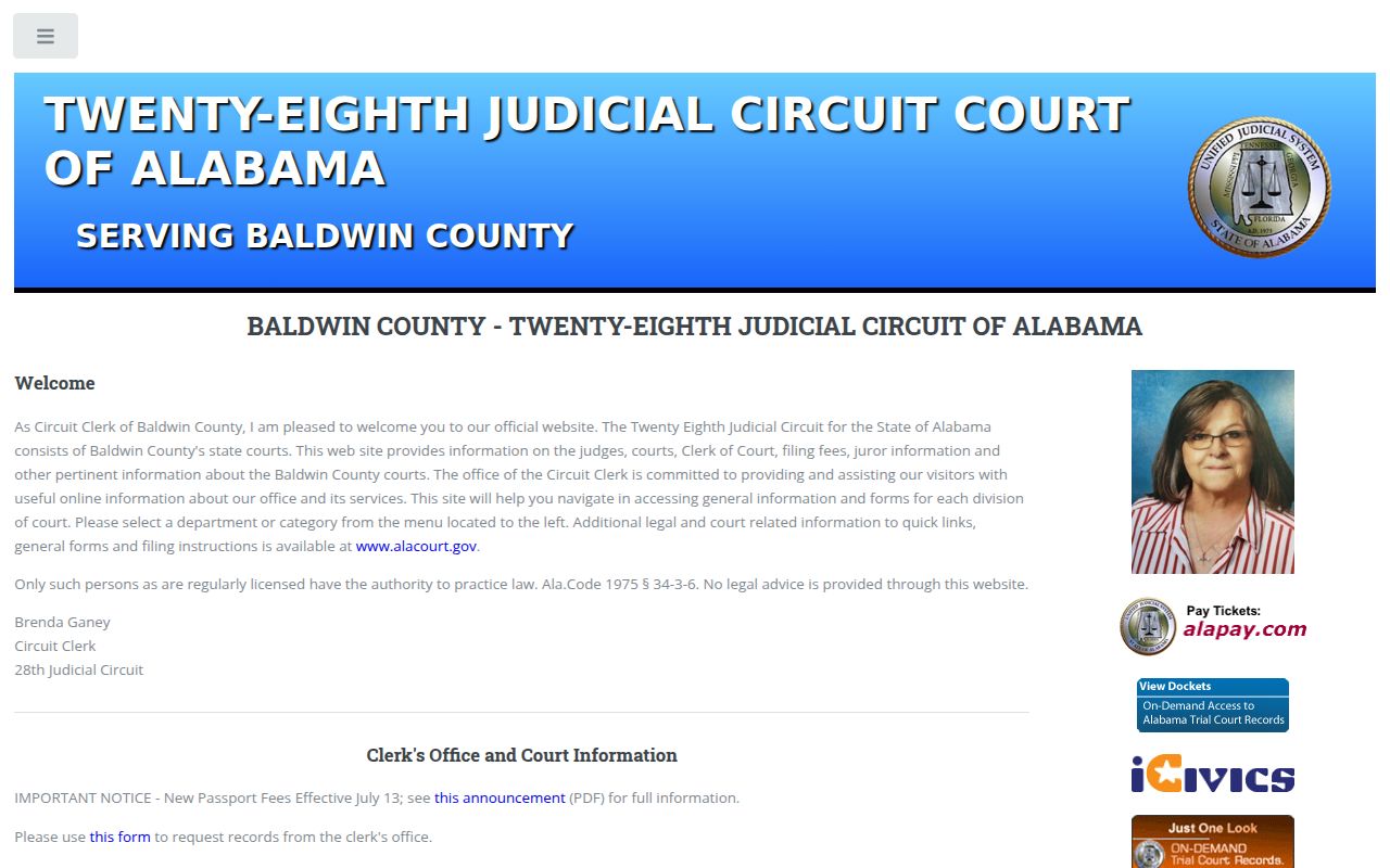 Baldwin County Circuit Court website homepage with court information and resources