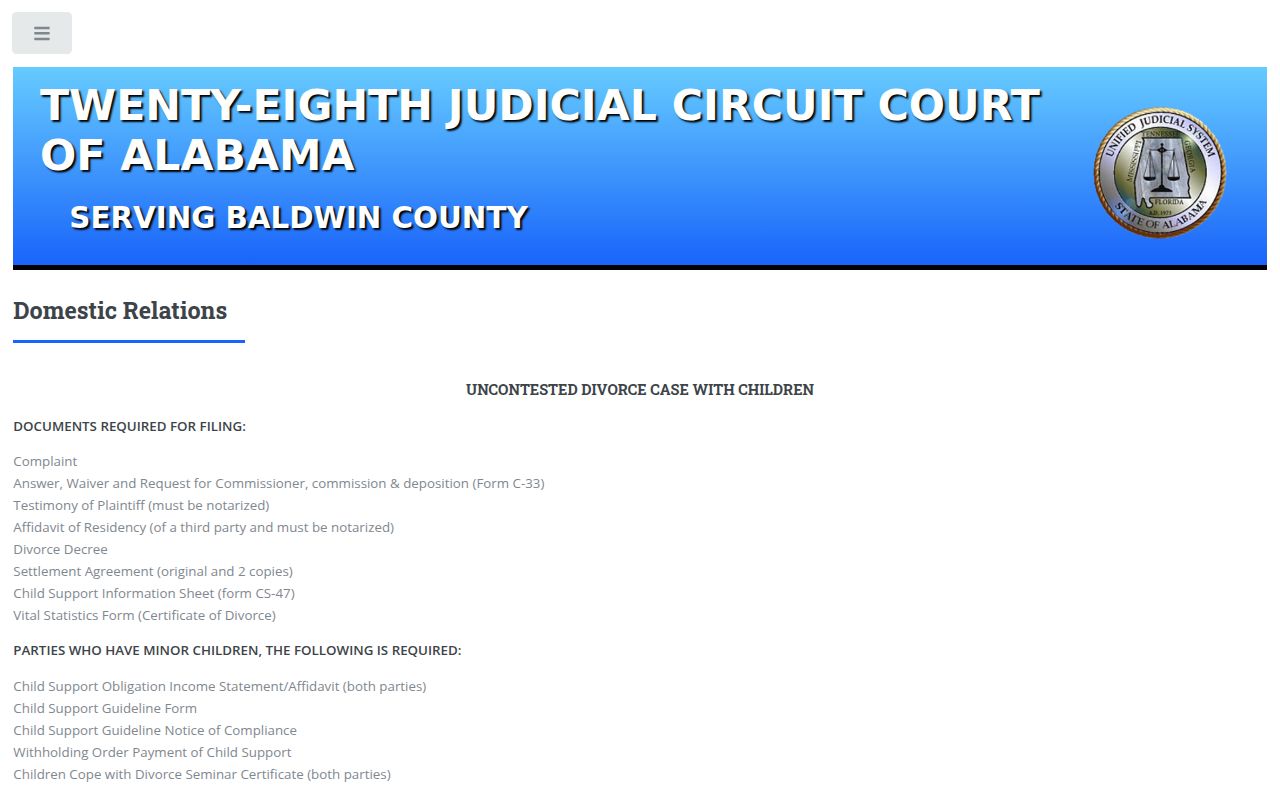 Baldwin County Domestic Relations Division page showing divorce filing procedures and forms