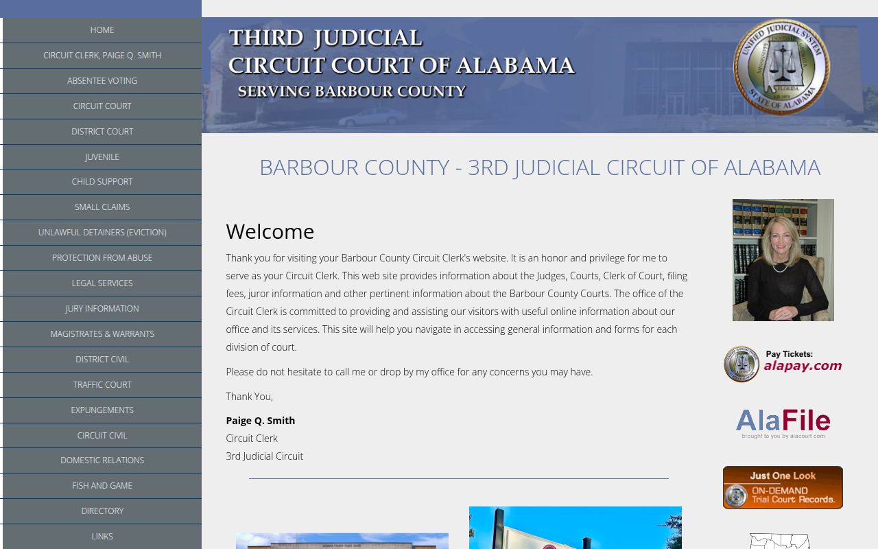 Barbour County Circuit Court website showing court information and services