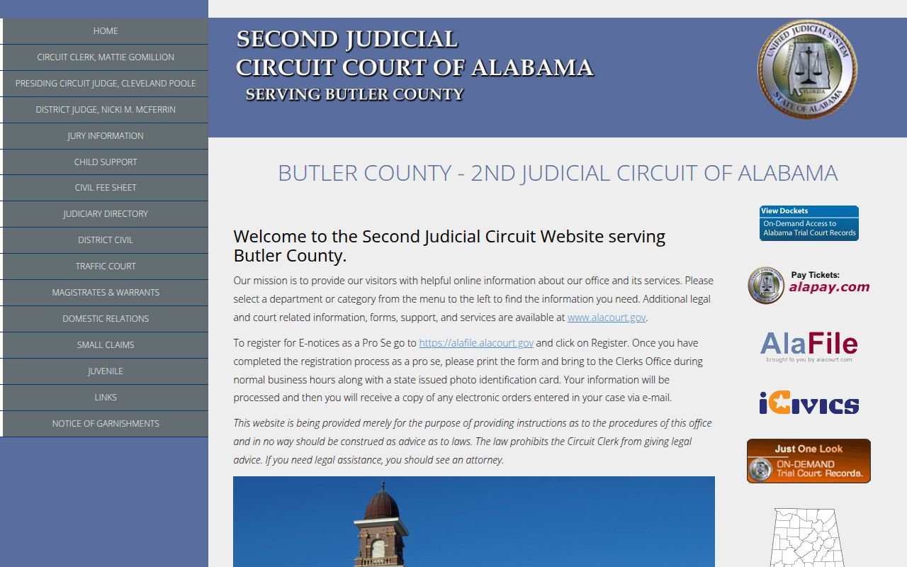 Butler County Circuit Court website showing court information and services