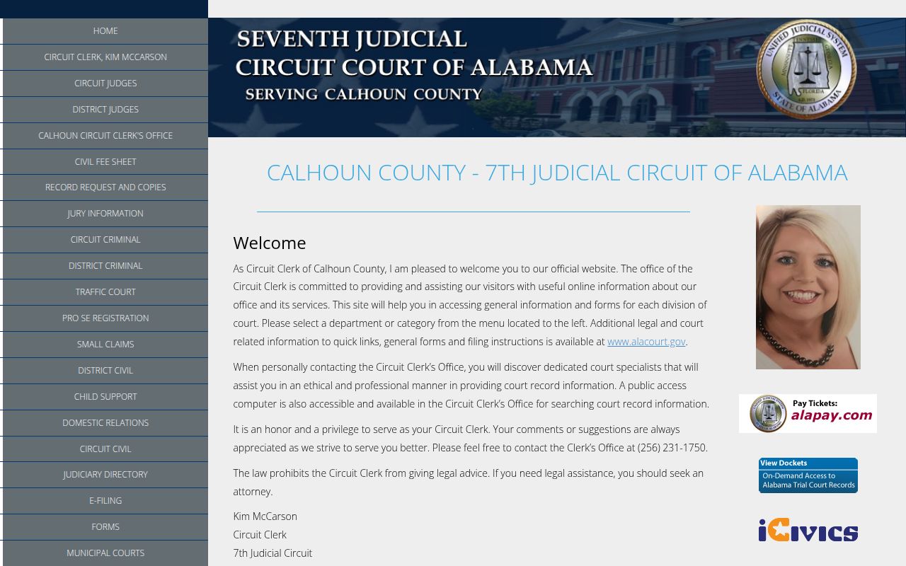 Calhoun County Circuit Court website showing court information and services
