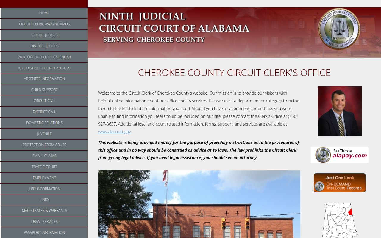 Cherokee County Circuit Court website showing court information and services