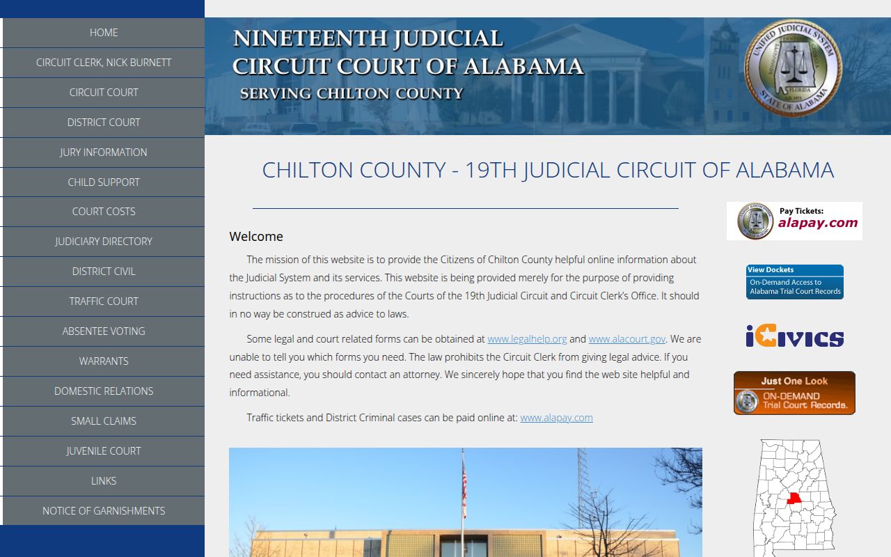 Chilton County Circuit Court website showing court information and services