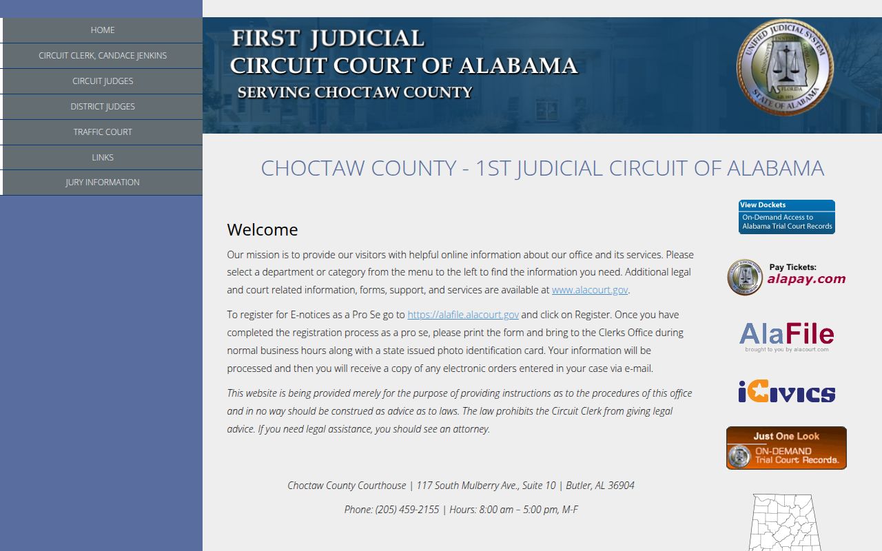 Choctaw County Circuit Court website showing court information and services