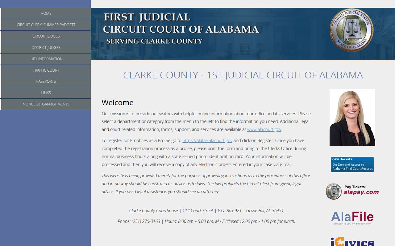 Clarke County Circuit Court website showing court information and services