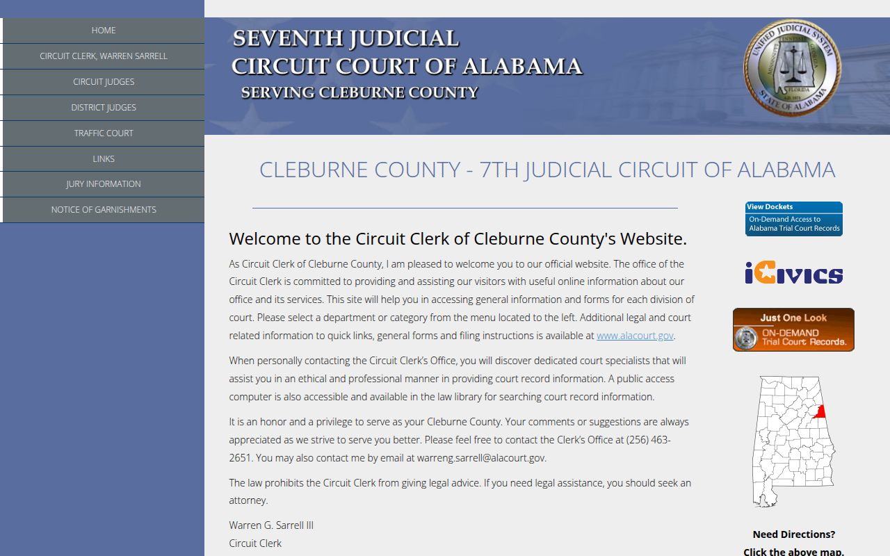 Cleburne County Circuit Court website showing court information and services