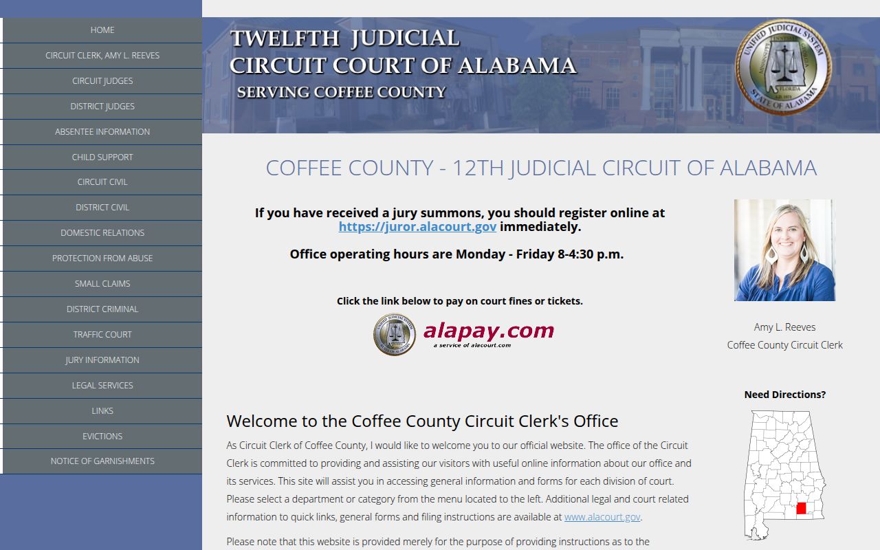 Coffee County Circuit Court website showing court information and services