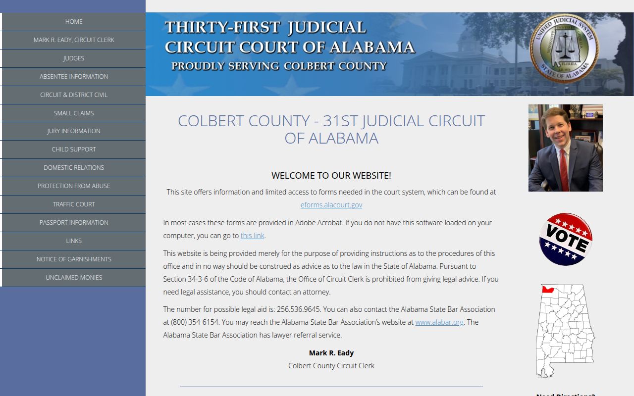 Colbert County Circuit Court website showing court information and services
