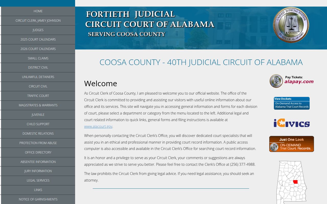 Coosa County Circuit Court website showing court information and services