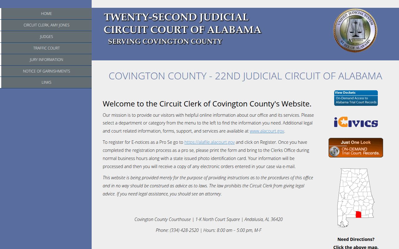 Covington County Circuit Court website showing court information and services