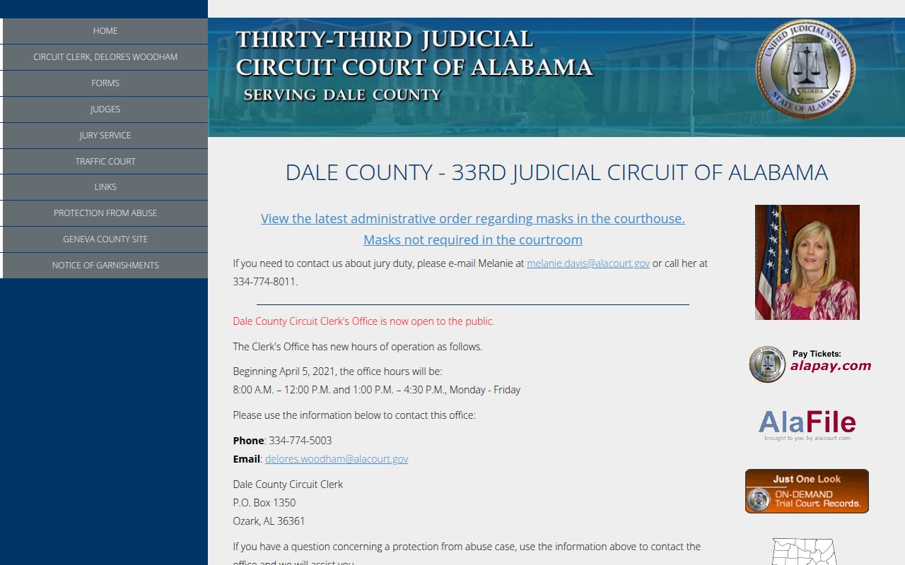 Dale County Circuit Court website showing court information and services