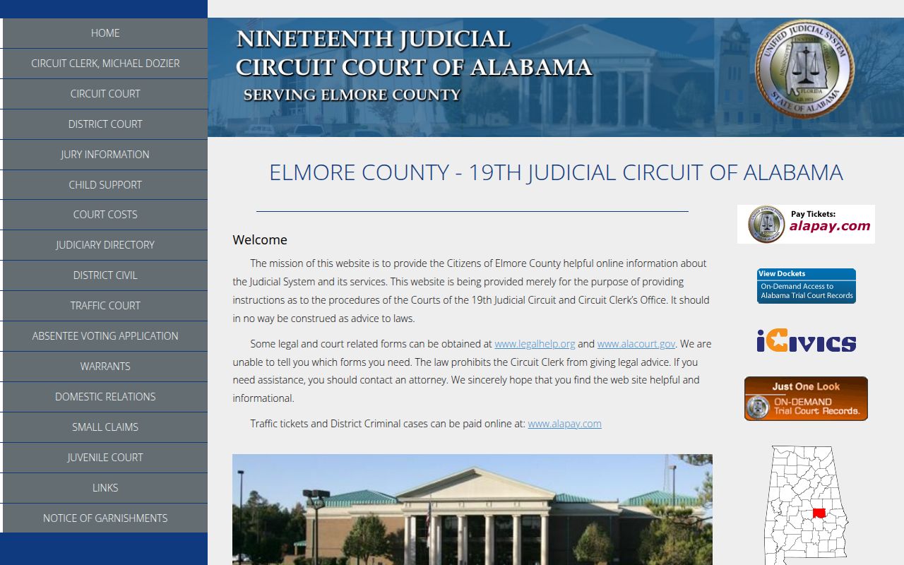Elmore County Circuit Court website showing court information and services