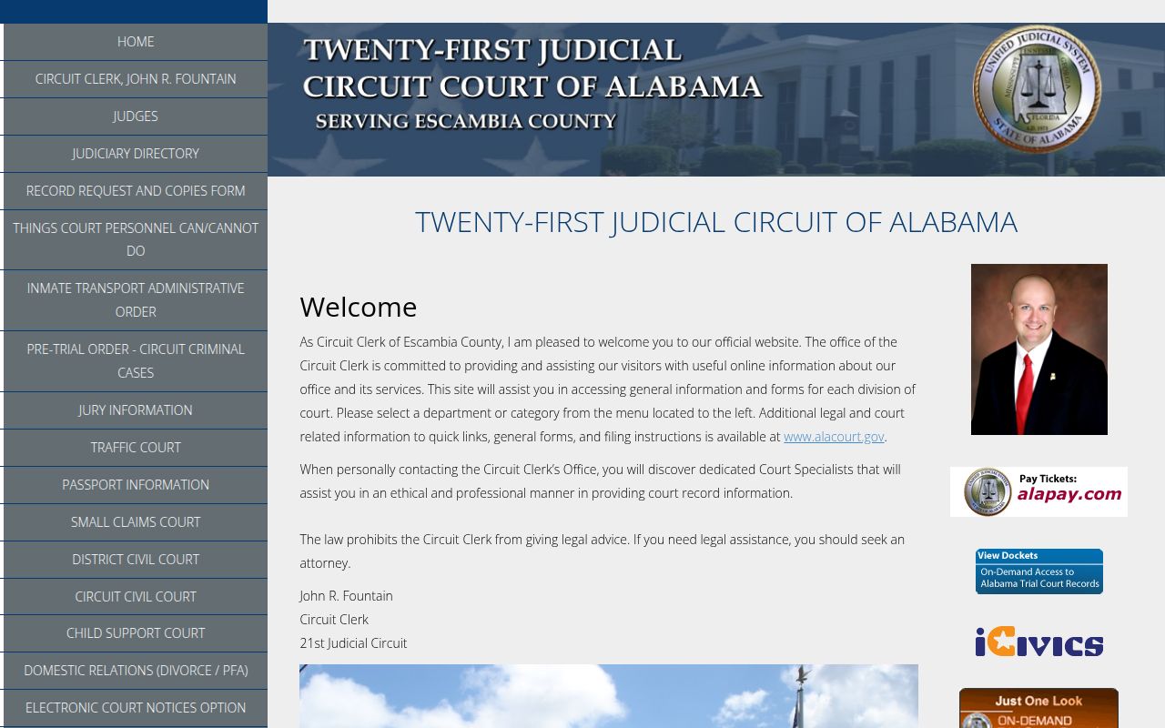 Escambia County Circuit Court website showing court information and services