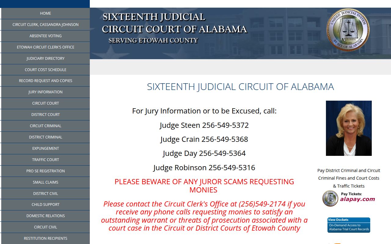 Etowah County Circuit Court website showing court information and services