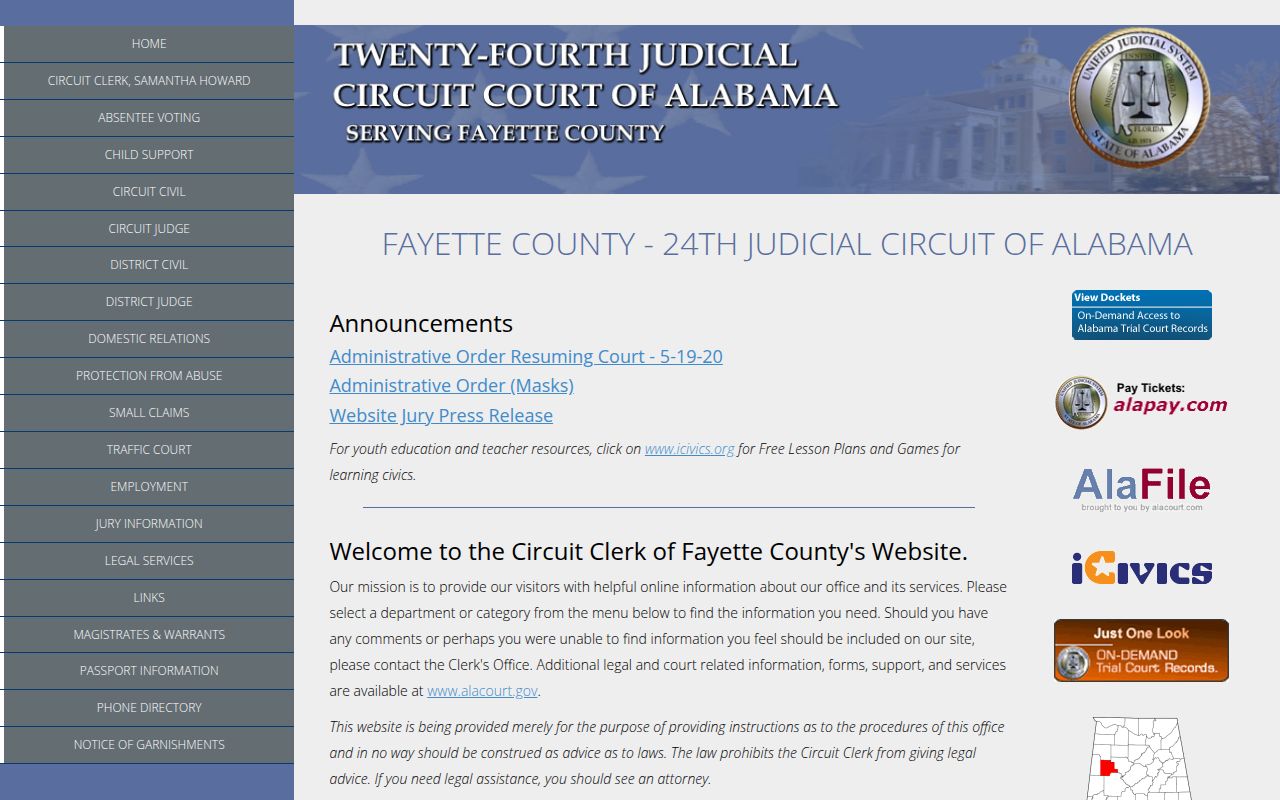 Fayette County Circuit Court website showing court information and services
