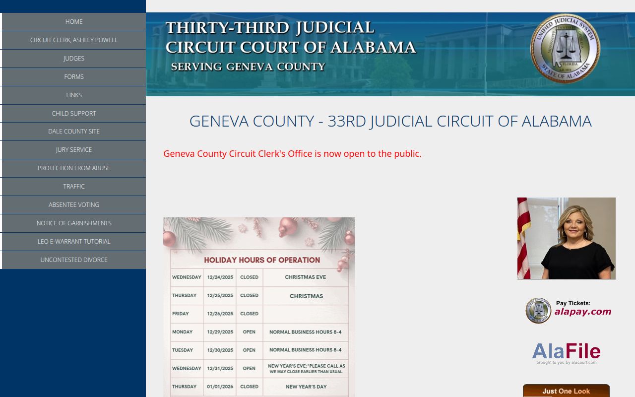 Geneva County Circuit Court website showing court information and services