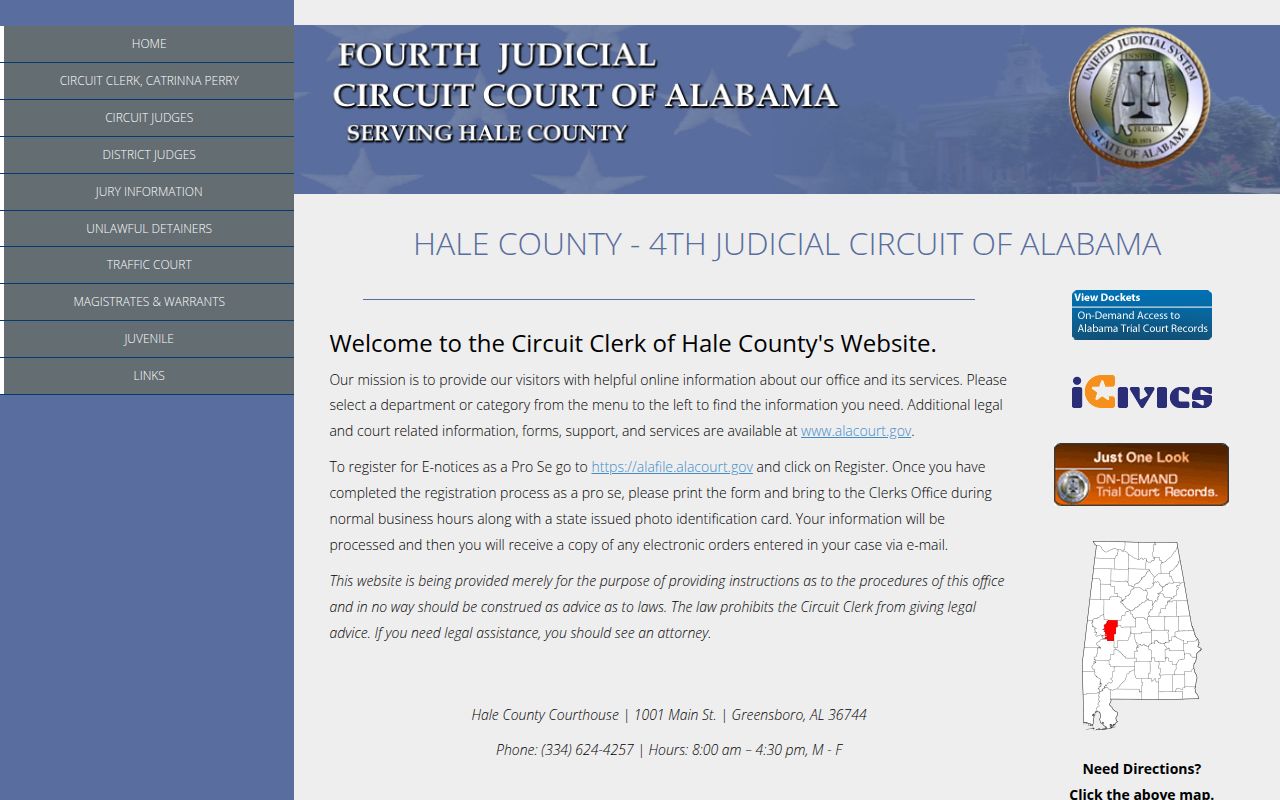Hale County Circuit Court website showing court information and services