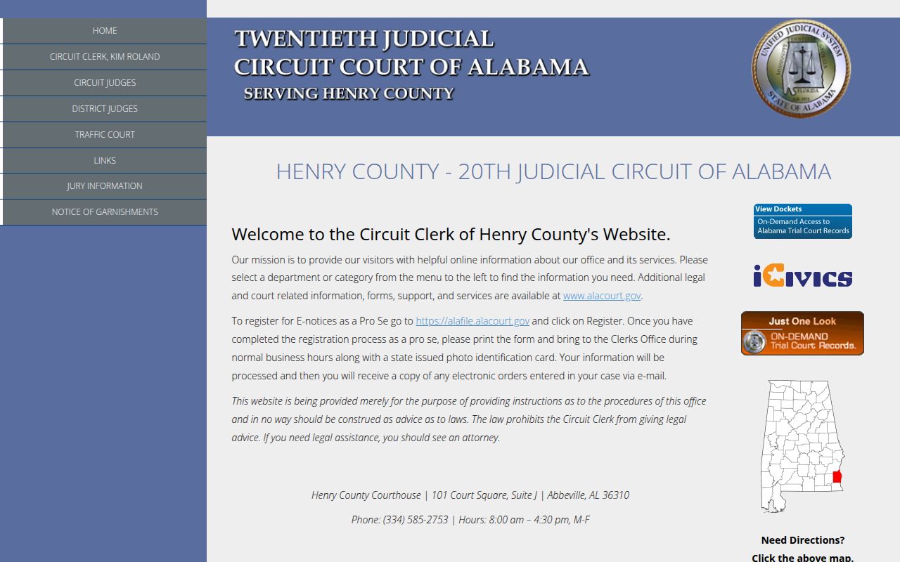 Henry County Circuit Court website showing court information and services
