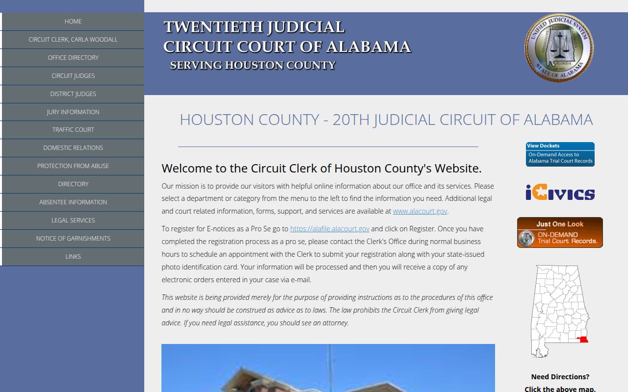 Houston County Circuit Court website showing court information and services