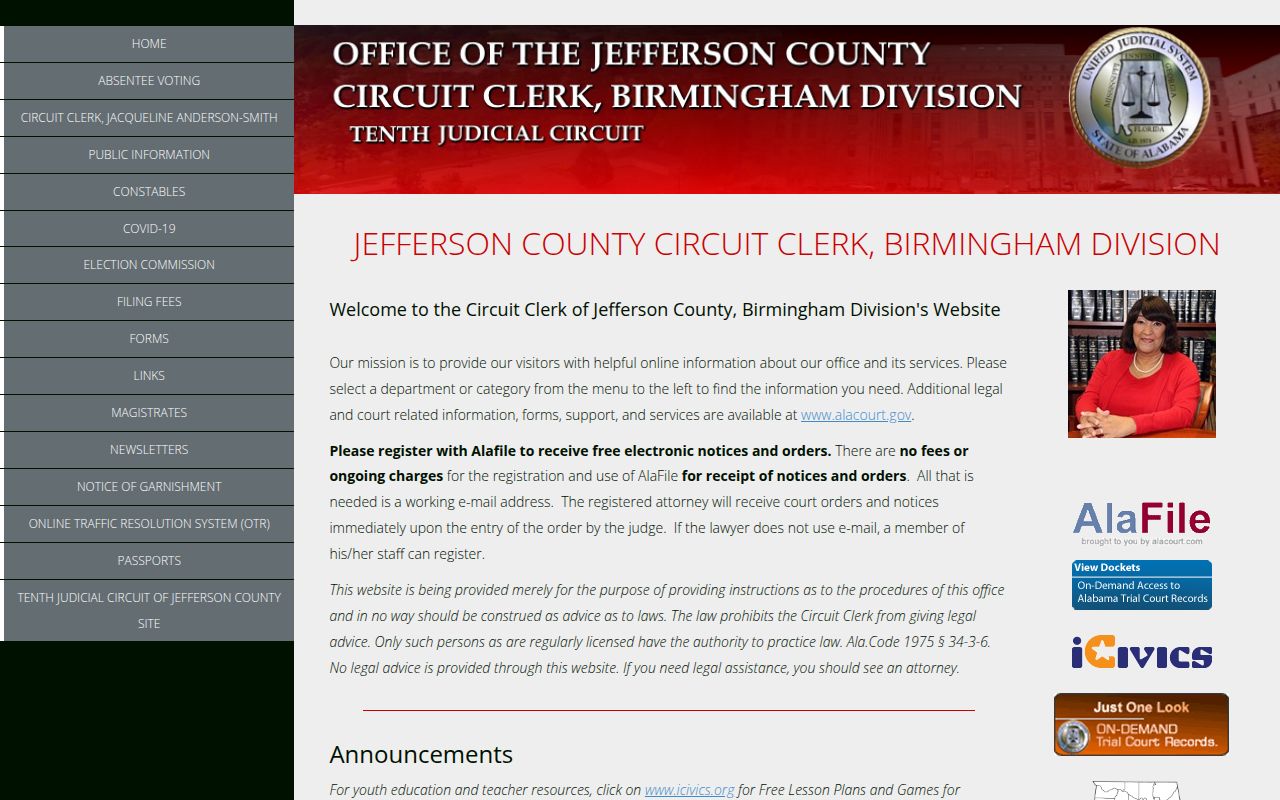 Jefferson County Circuit Clerk website homepage showing services and contact information