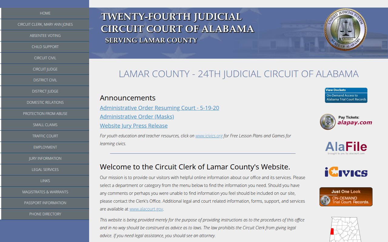 Lamar County Circuit Court website showing court information and services