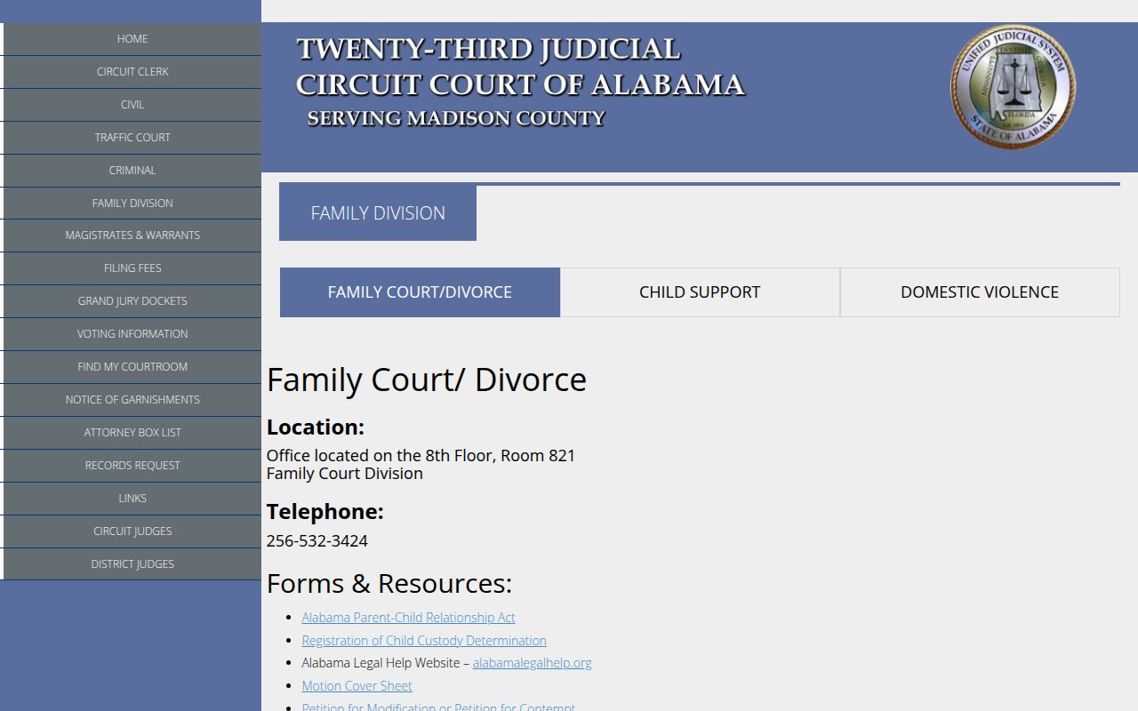 Madison County Family Division page with divorce filing information and resources