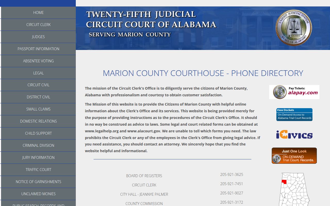 Marion County Circuit Court website showing court information and services