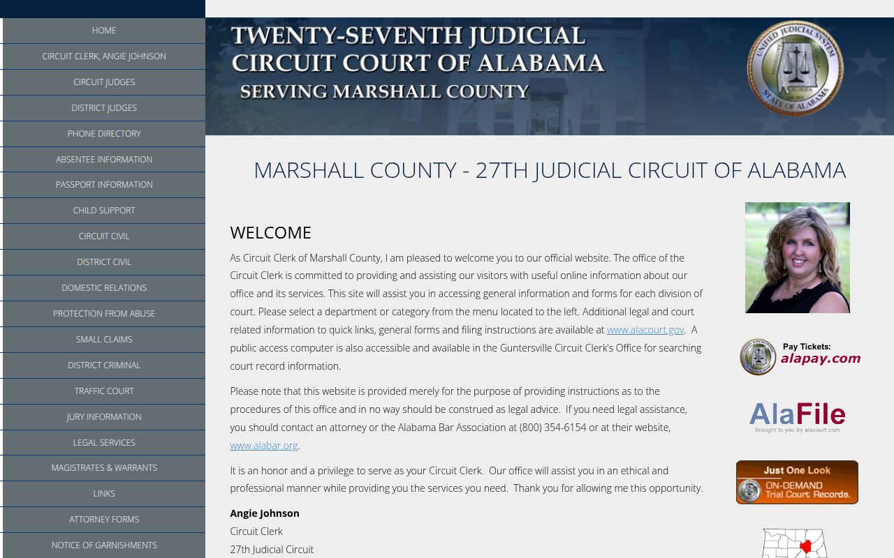 Marshall County Circuit Court website showing court information and services