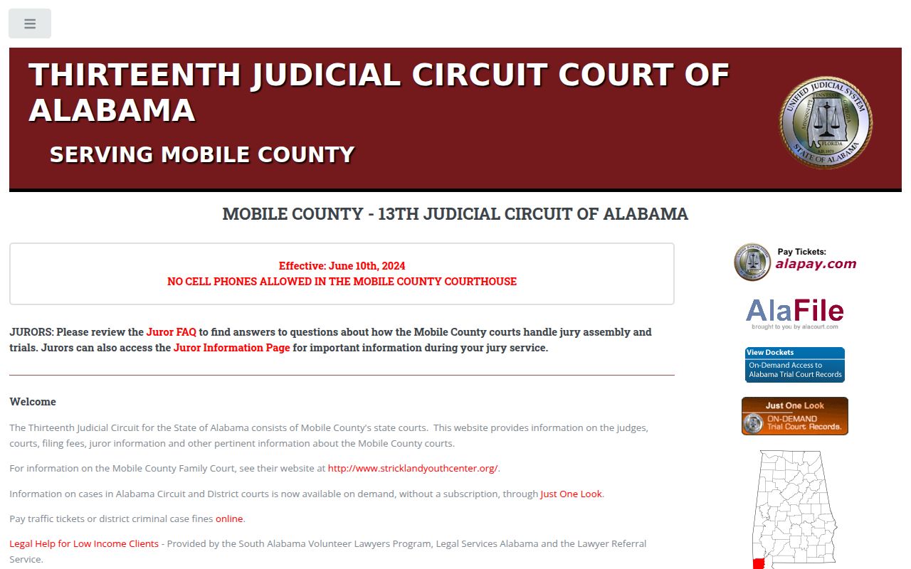 Mobile County Circuit Court website homepage with court resources and information