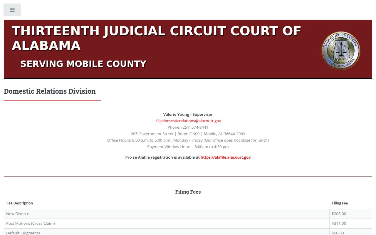 Mobile County Domestic Relations Division page with divorce information and contact details