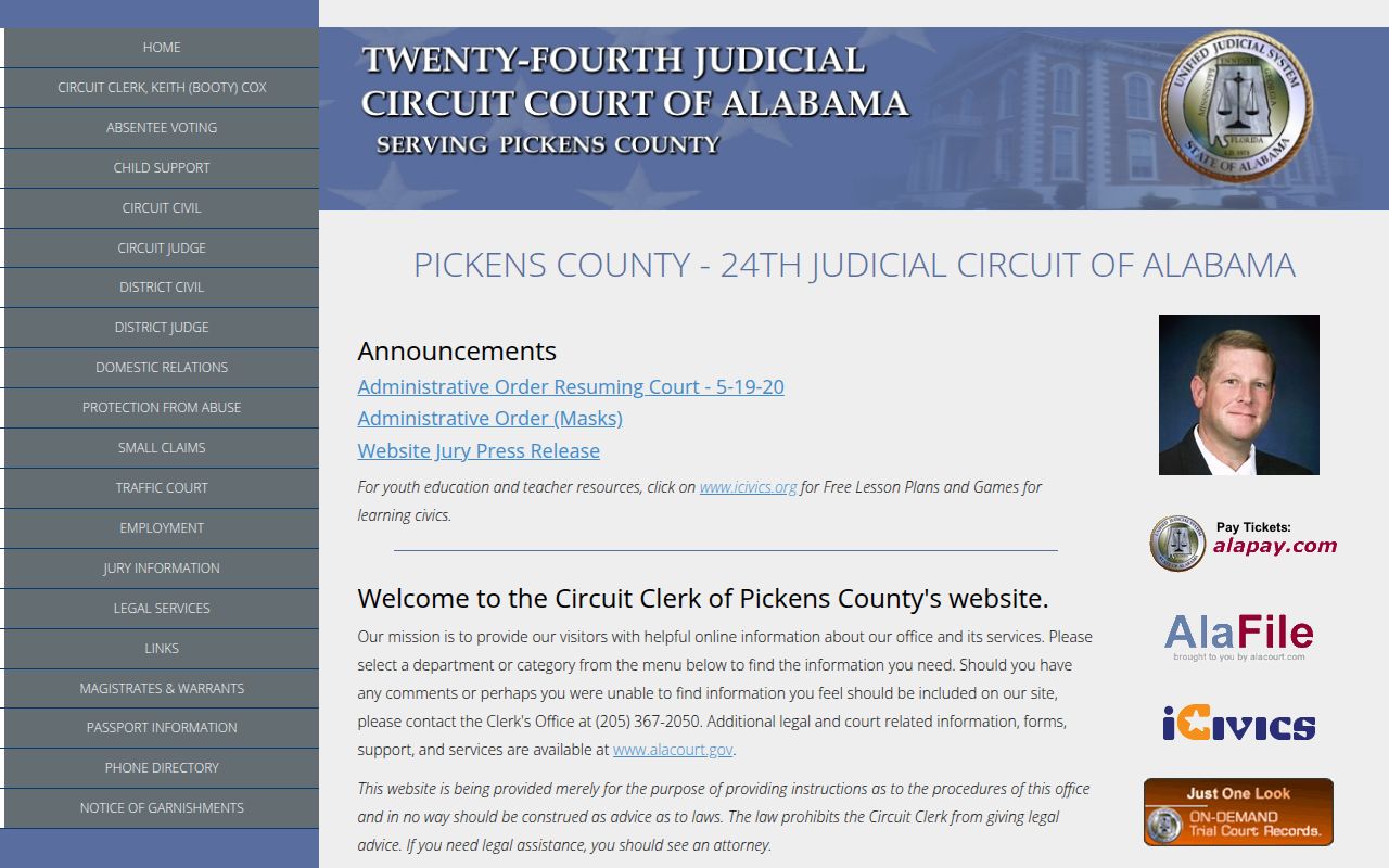 Pickens County Circuit Court website showing court information and services