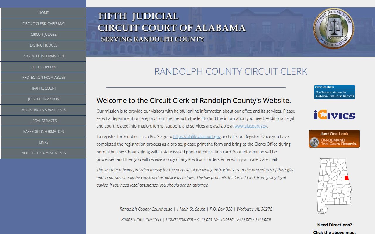 Randolph County Circuit Court website showing court information and services