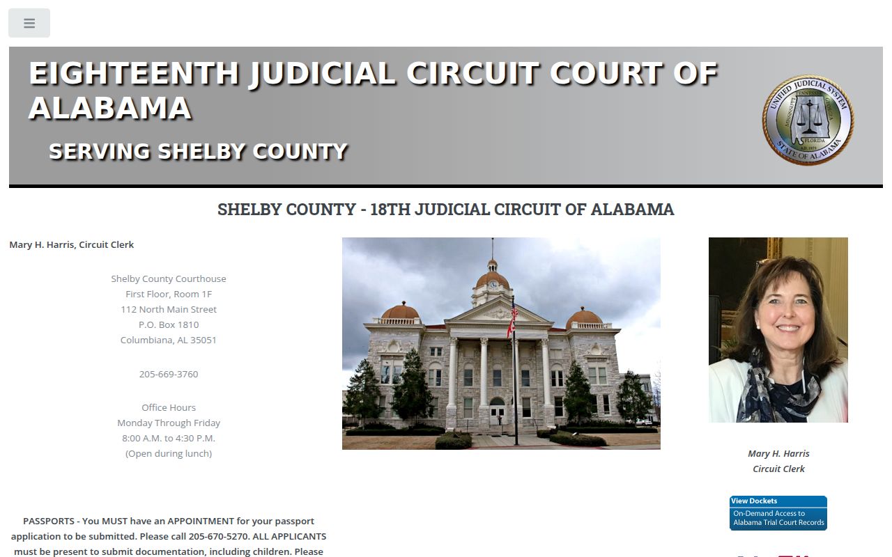 Shelby County Circuit Court website showing court information and services