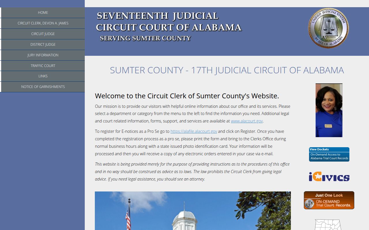 Sumter County Circuit Court website showing court information and services