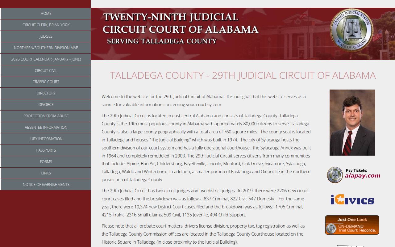 Talladega County Circuit Court website showing court information and services