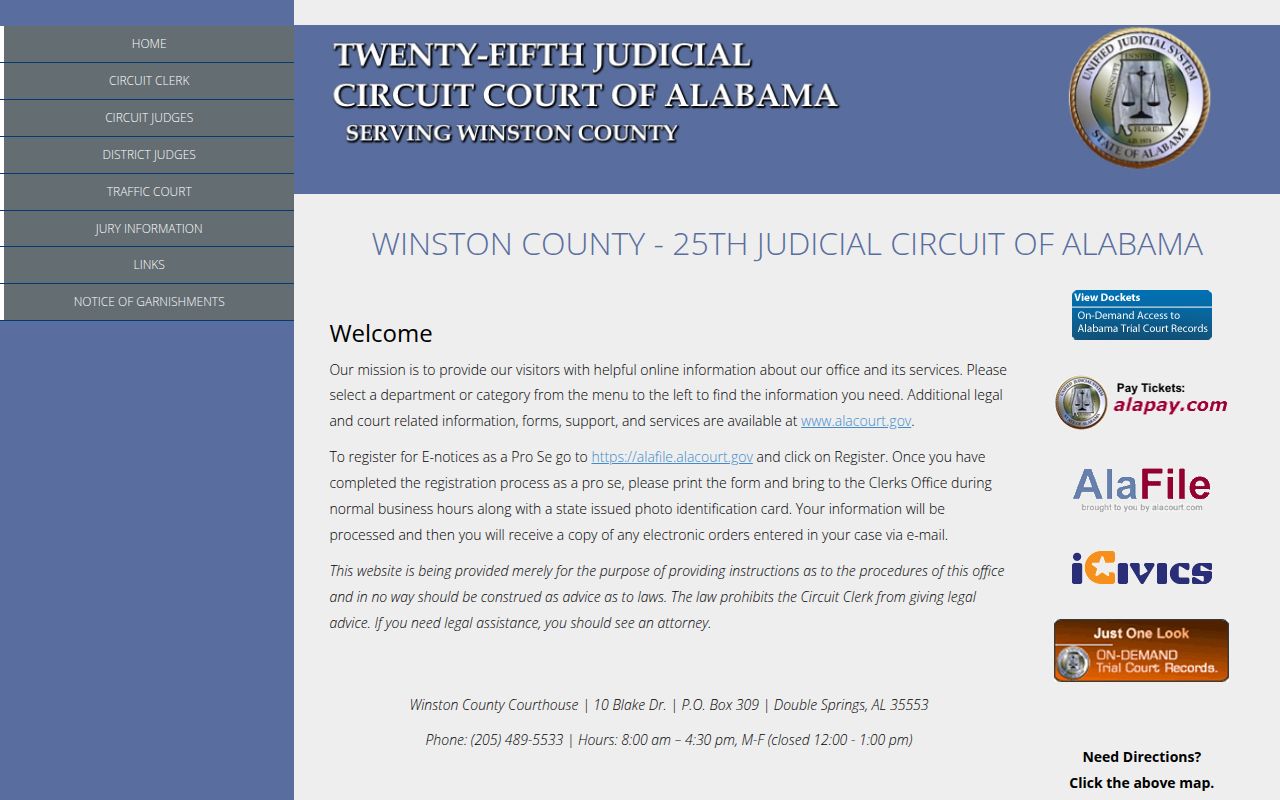Winston County Circuit Court website showing court information and services