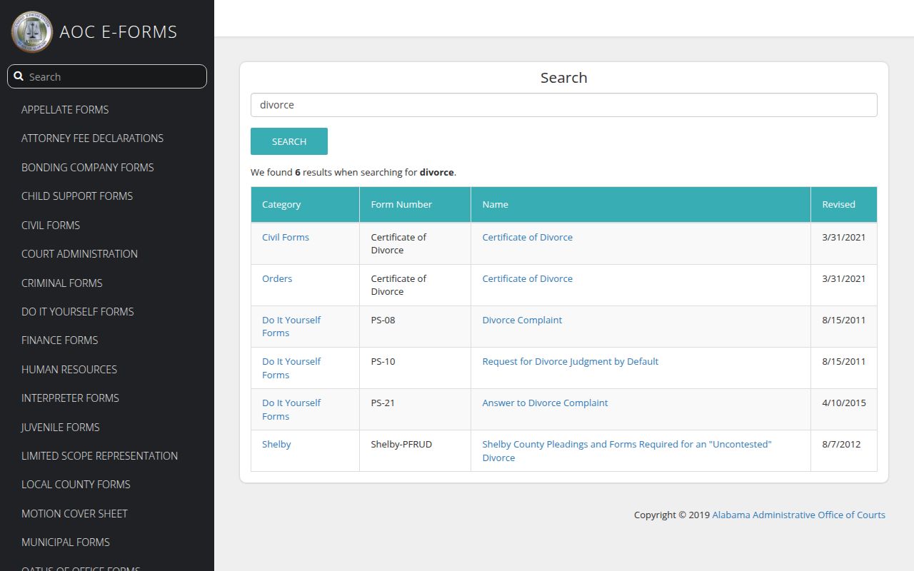 Alabama court forms portal showing divorce form search results