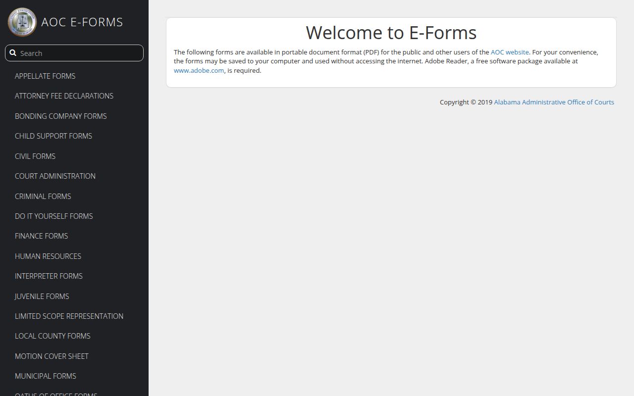 Alabama E-Forms portal showing downloadable divorce forms