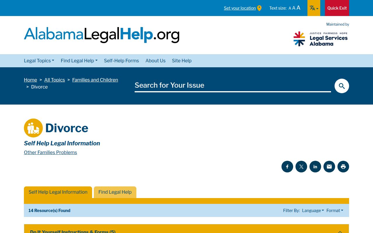 Alabama Legal Help website showing divorce resources