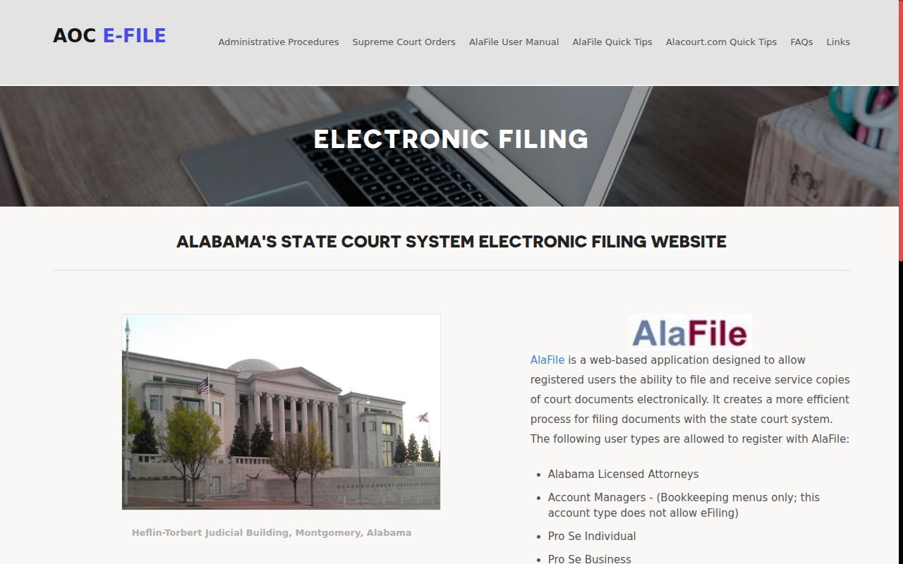 AlaFile electronic filing system login page